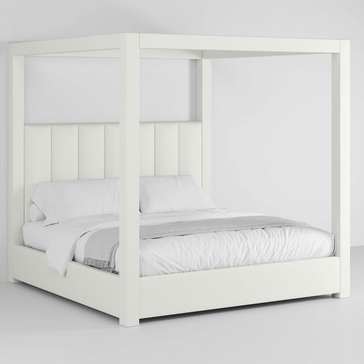 Celine Poster Platform Bed, white upholstered canopy bed, three-quarter view on white background - Candace & Basil