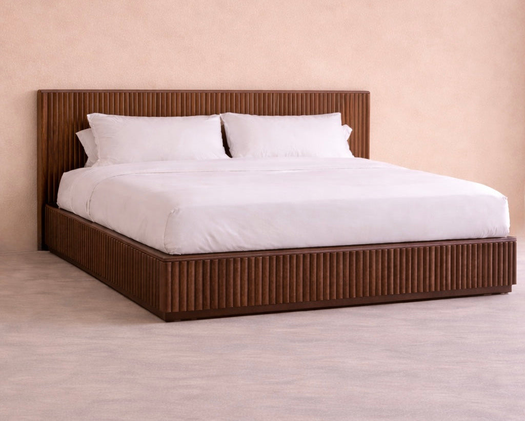 Lotus Platform Bed - Wooden (Custom) Double XL Antique Black Fluted #MWS Options 1
