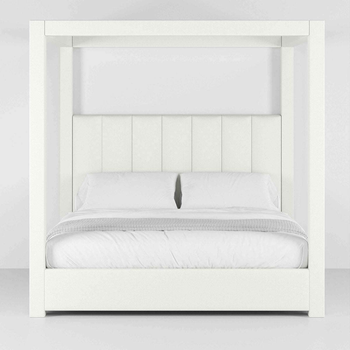 Celine Poster Platform Bed, front view of the white canopy frame and channel-tufted headboard - Candace & Basil
