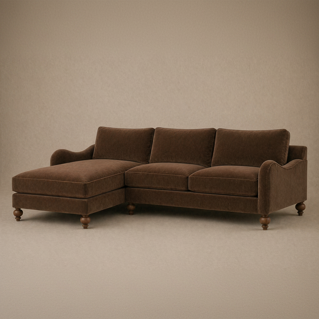 Windermere Arm Chaise Sectional in dark brown upholstery, angled view - Candace & Basil