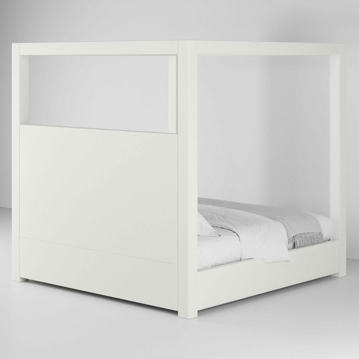 Back view of the Celine Poster Platform Bed showing the upholstered headboard back and canopy frame - Candace & Basil