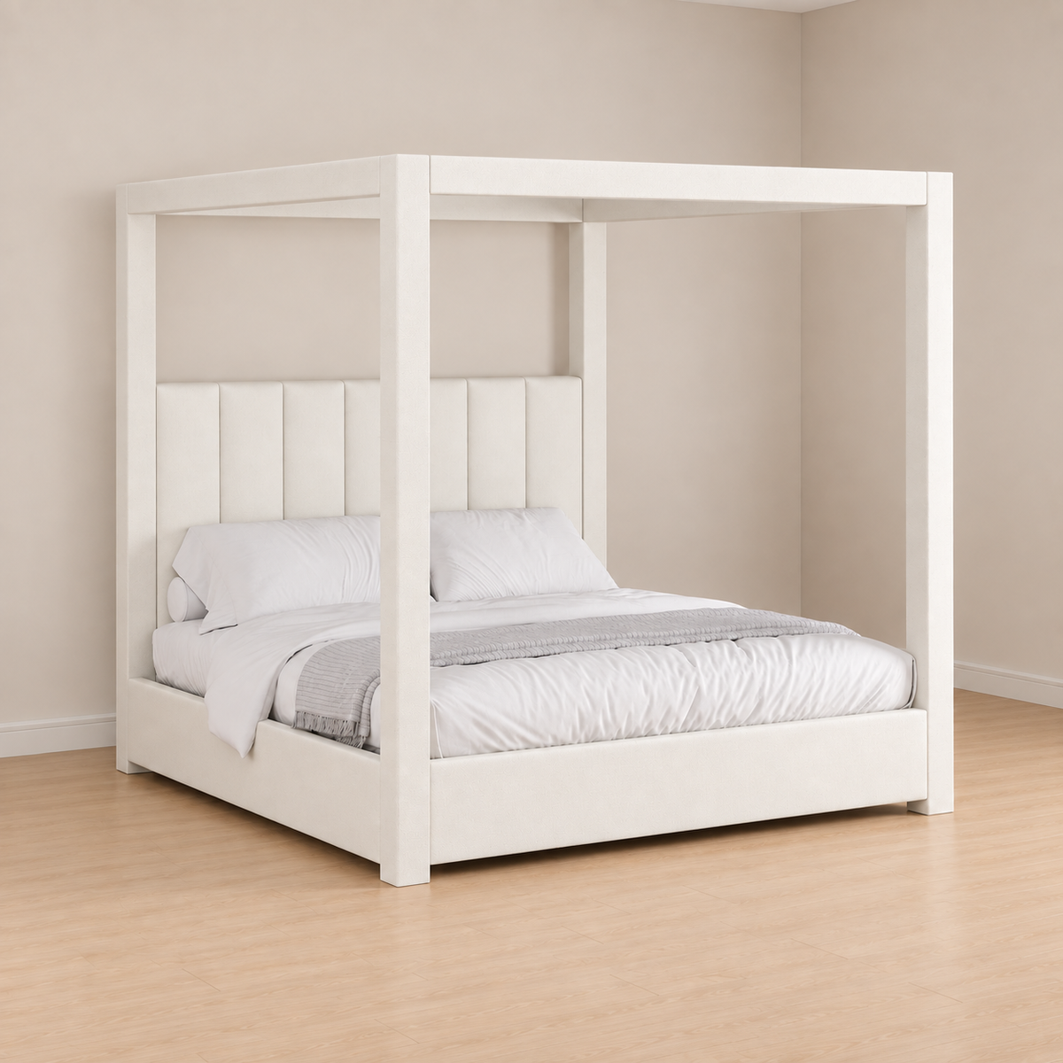 Celine Poster Platform Bed, white upholstered canopy bed with channel-tufted headboard - Candace & Basil
