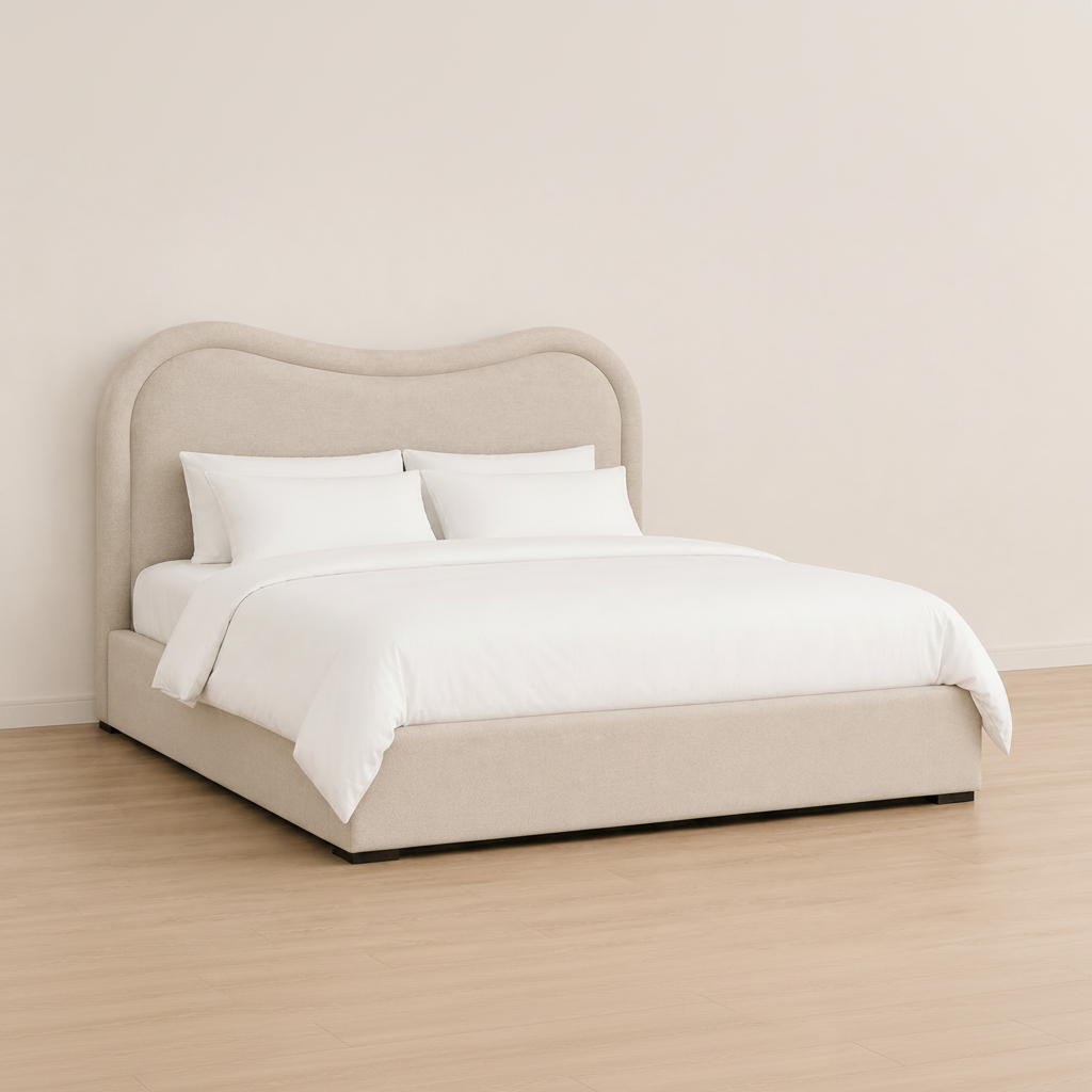 Juniper Platform Bed with upholstered headboard in a bedroom - Candace & Basil