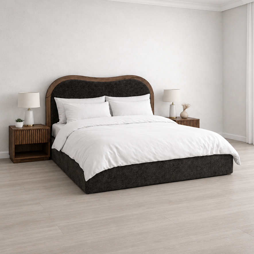 Abigail Platform Bed with upholstered headboard in a bedroom - Candace & Basil