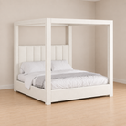 Celine Poster Platform Bed, white upholstered canopy bed with channel-tufted headboard - Candace & Basil