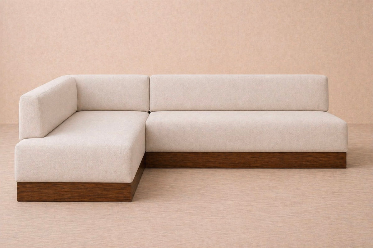 Petronas Dining Banquette in cream upholstery, angled view - Candace & Basil